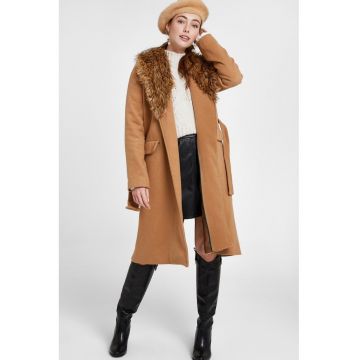 Palton din amestec de lana cu captuseala din blana sintetica - Caramel