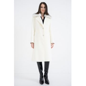 Palton din amestec de lana cu epoleti - Crem