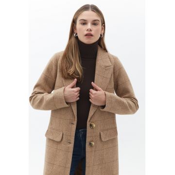 Palton din amestec de lana cu model in carouri - Maro taupe