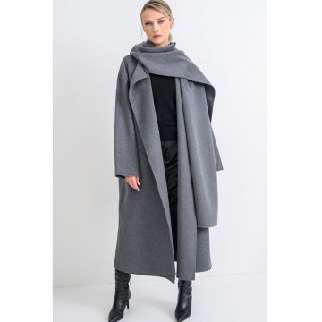 Palton lung din amestec de lana cu esarfa - fara inchidere - Gri inchis