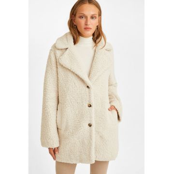 Palton scurt din material teddy - Crem