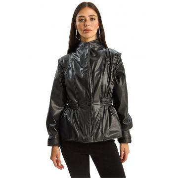 Geaca din imitatie de piele -  supradimensionata - neagra - textil.
