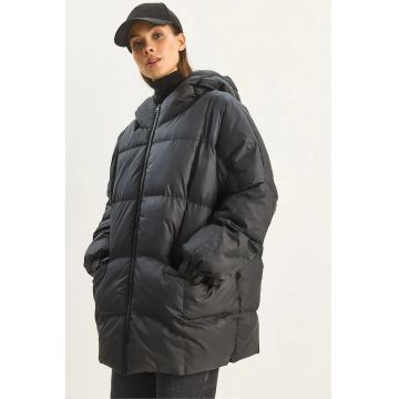 Geaca Puffer groasa supradimensionata cu gluga  neagra - textil -