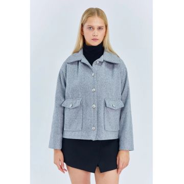 Jacheta scurta  gri - detalii cu nasturi si buzunare - textil