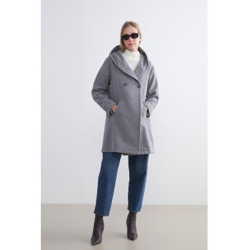 Palton cu nasturi si gluga - Gri melange