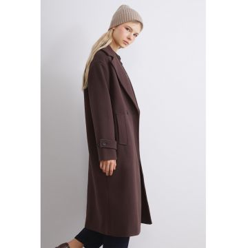 Palton cu nasturi si revere decupate - Maro cognac