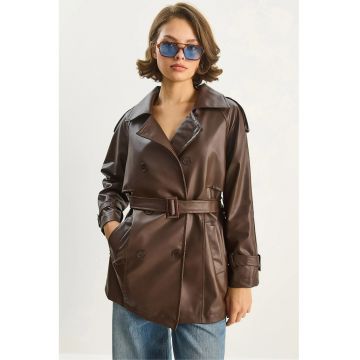 Palton dama  dublu din imitatie de piele - maro - textil