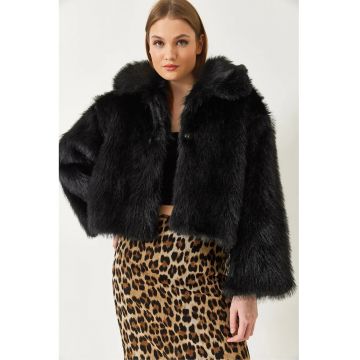 Palton dama -  guler si captuseala din blana artificiala - negru - fleece