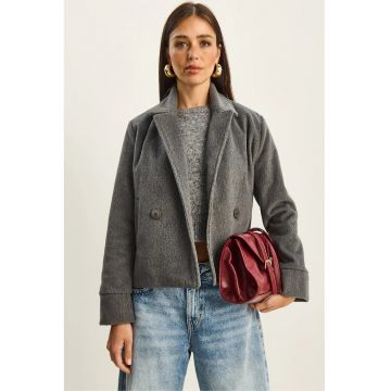 Palton dama -  plusat - gri carbune - textil