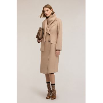 Palton din amestec de lana cu design cu doua randuri de nasturi - Maro camel