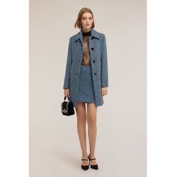 Palton din amestec de lana cu guler ascutit - Alb/Negru/Albastru azur