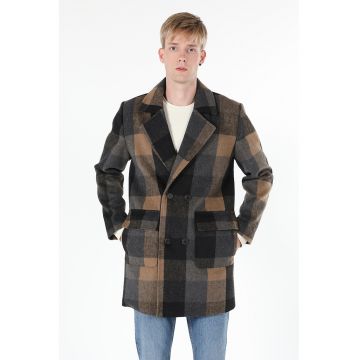 Palton din amestec de lana cu model in carouri si buzunare aplicate - Negru/Maro camel