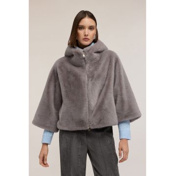 Palton din blana sintetica cu gluga - Grej