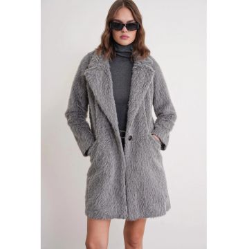 Palton lung texturat  gri - material textil