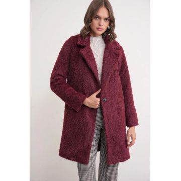 Palton lung texturat -  guler de jacheta - rosu burgund - textil