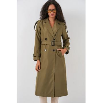 Palton lung  trench - doua randuri de nasturi - verde kaki - textil