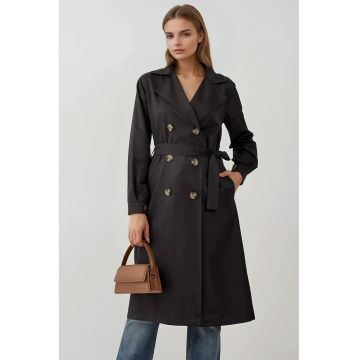 Trench lung  poliester - cu doua randuri de nasturi - Negru -