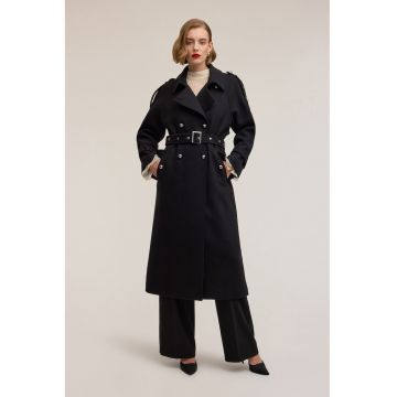 Trenci din amestec de lana cu curea - Negru