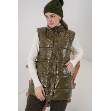 Vesta dama -  vesta puffer - lucioasa - verde kaki - textil