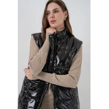 Vesta dama -  vesta puffer shiny - negru - textil
