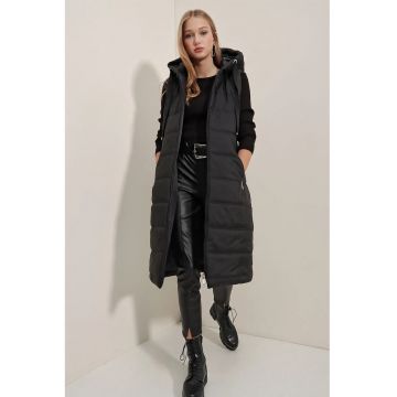 Vesta lunga cu gluga si fermoar dama - HiCCUP - poliester - Negru