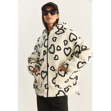 Geaca dama -  supradimensionata - cu gluga - textil - bej/negru -