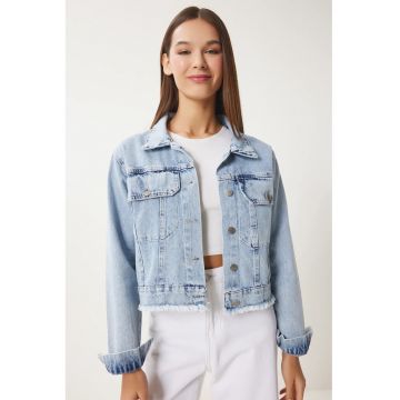 Geaca - Happiness Istanbul - din gabardina de bumbac - cu nasturi si ciucuri - albastra - textila -