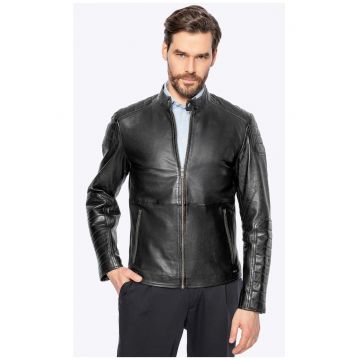 Jacheta barbateasca -  piele naturala - cusaturi - neagra