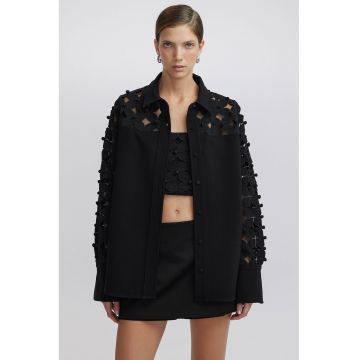 Jacheta-camasa cu detalii decupate si model floral - Negru/Transparent