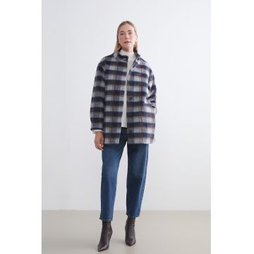 Jacheta-camasa din amestec de lana cu guler scurt si model uni - Maro/Albastru inchis/Albastru prafuit