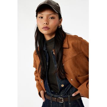 Jacheta-camasa din piele intoarsa ecologica cu buzunare aplicate - Maro scortisoara