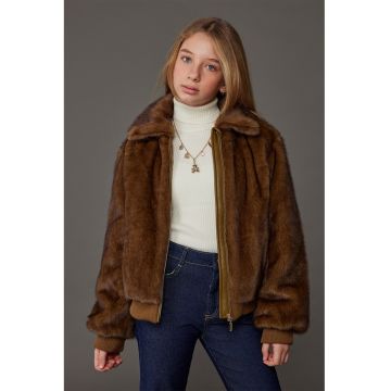 Palton scurt de blana sintetica cu buzunare laterale - Maro