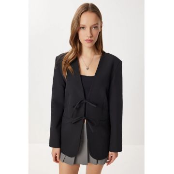 Jacheta dama - Happiness Istanbul - gabardina - guler in V - negru - textil