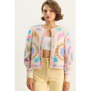 Jacheta din bumbac  imprimeu floral - crem - textil