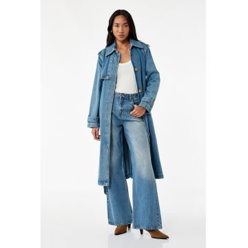 Jacheta lunga din denim cu cordon in talie