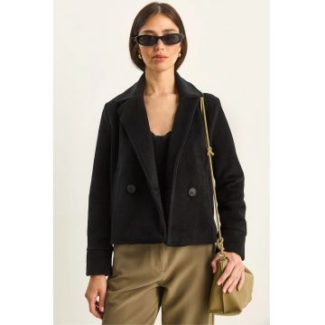 Palton dama -  fetru plusat - negru - cu nasturi si buzunare