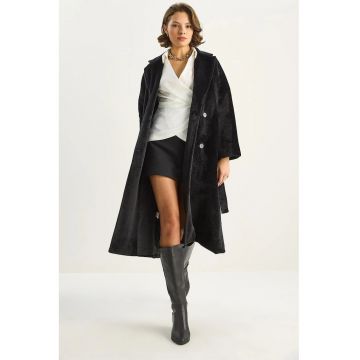 Palton dama  negru - fleece - cu nasturi plusati