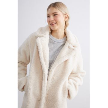 Palton de blana shearling sintetica cu buzunare laterale - Alb fildes