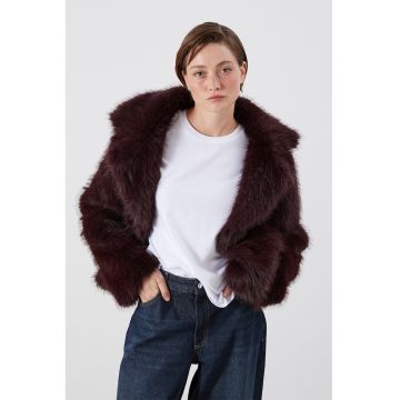 Palton de blana sintetica cu revere decupate - Violet tyrian