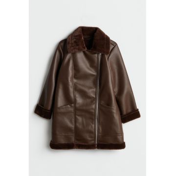Palton de piele ecologica cu blana sintetica - Maro inchis