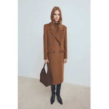 Palton din lana cu doua randuri de nasturi - Maro scortisoara