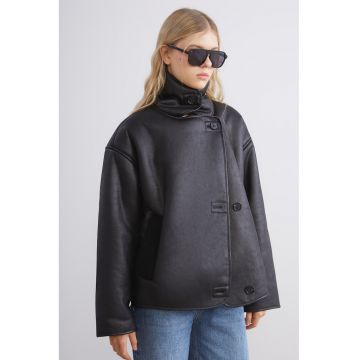 Palton lejer din piele ecologica cu captuseala din material teddy - Negru