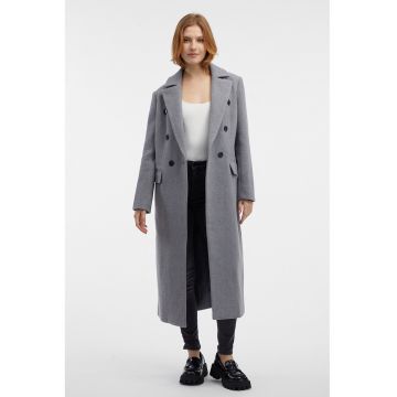 Palton lung din amestec de lana cu nasturi - Gri melange