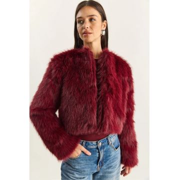 Palton scurt dama -  din blana artificiala - visiniu