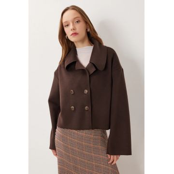 Palton scurt dama - texturat - cu doua randuri de nasturi - Happiness Istanbul - maro mocha - textil