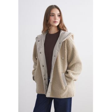 Palton scurt supradimensionat din material teddy - Bej deschis