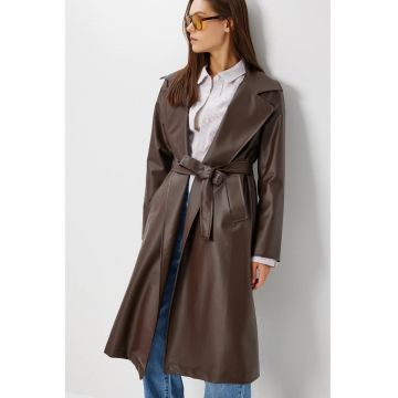 Trenci dama - Happiness Istanbul - lung - catarama - maro mocha - piele ecologica