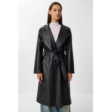 Trenci dama - Happiness Istanbul - lung - catarama - piele ecologica - negru