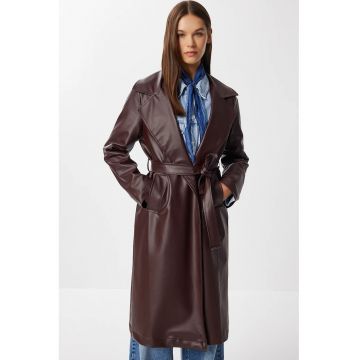 Trenci dama - Happiness Istanbul - lung - catarama - rosu bordeaux - piele ecologica