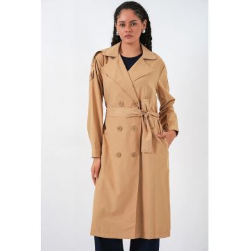 Trenci dama  lung - bej natural - textil - doua randuri de nasturi